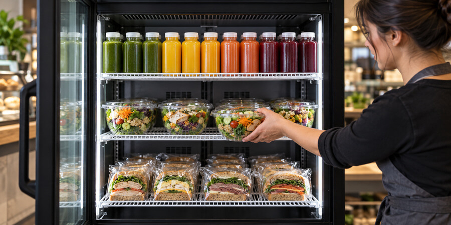 Two-door refrigerated merchandiser displaying bottled drinks, packaged salads, and sandwiches in a café.