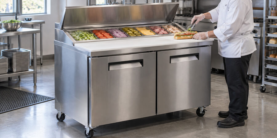 Two-door refrigerated sandwich prep table with a full topping rail and a cook building a sub