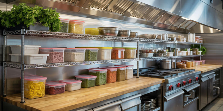 overhead shelving in commercial kitchen