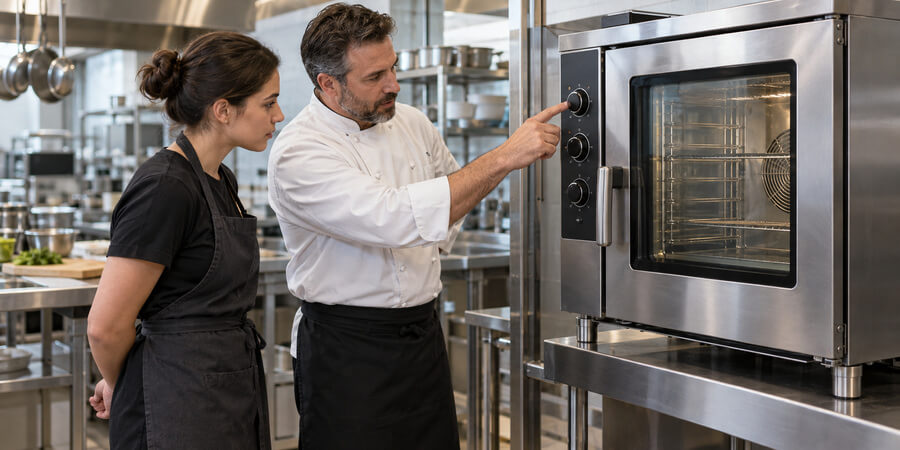 Chef explains the controls of a commercial convection oven to a kitchen employee.