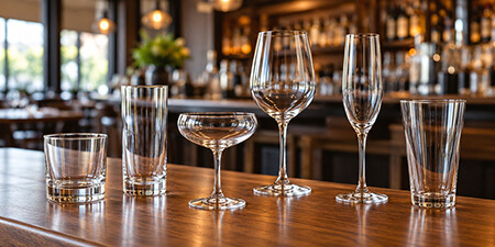 Rocks glass, highball, coupe, red wine glass, champagne flute and pint glass lined up on a wood bar