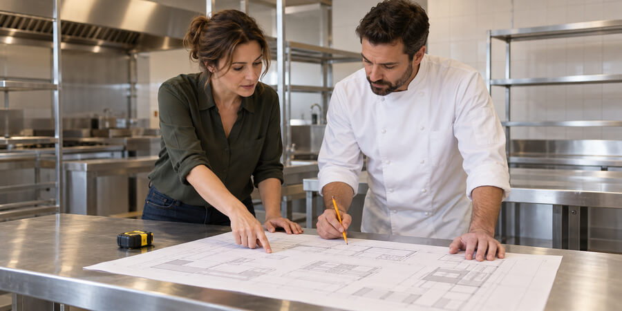 Restaurant owner and chef review a kitchen floor plan together at a stainless steel worktable.