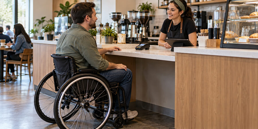 Customer using a wheelchair speaks with an employee at a lowered café counter with knee space underneath.