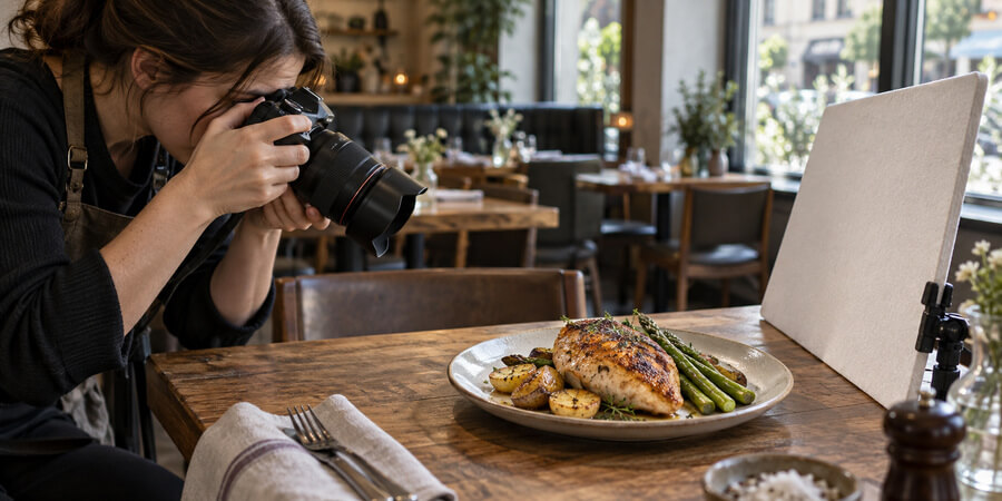 Photographer capturing a plated chicken entrée in natural light for a restaurant menu.