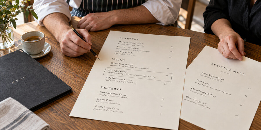 Restaurant staff reviewing printed menu layouts with clear sections and a highlighted featured dish.