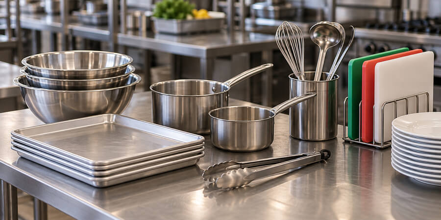 Mixing bowls, sheet pans, saucepans, utensils, cutting boards, and plates arranged on a stainless prep table.