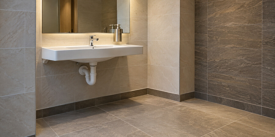 Wall-mounted restroom sink with open space underneath, covered drain plumbing, and a lever faucet.