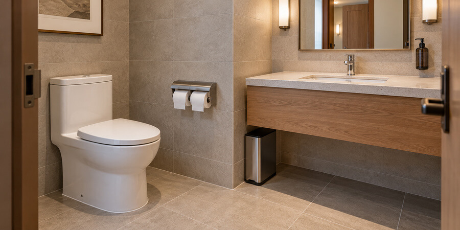 Upscale restaurant restroom with a double roll toilet paper holder, vanity sink and soap dispenser