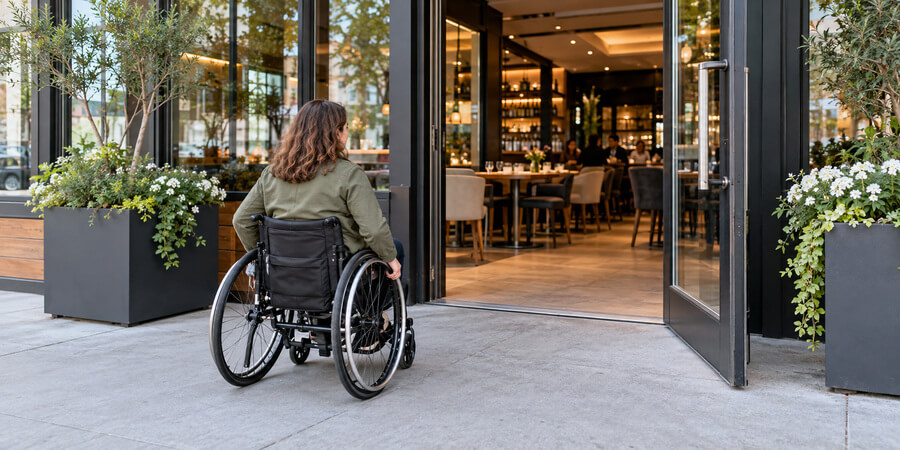 Woman using a wheelchair approaches an open restaurant entrance from a level paved walkway.