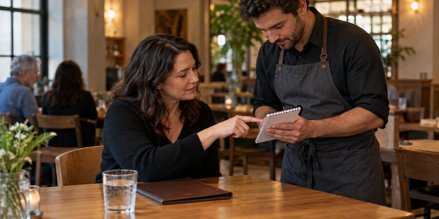 Restaurant guest points to a notepad held by a server during a written exchange.