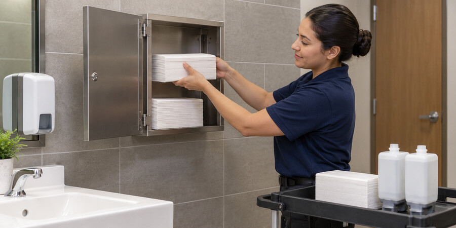 Restocking a commercial restroom