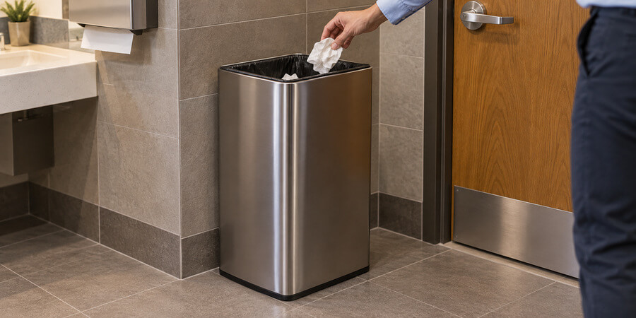 Restroom waste receptacle with lid