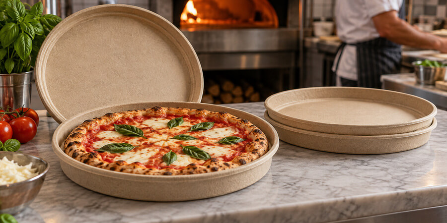 Margherita pizza in a round molded fiber tray with a matching lid and stacked empty trays beside it.