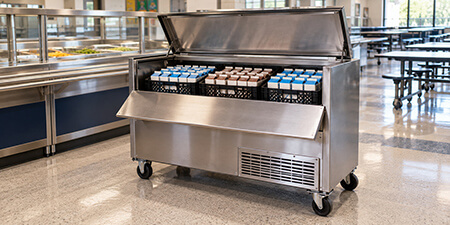 Open stainless steel milk cooler stocked with crates of individual milk cartons beside a school cafeteria serving line.