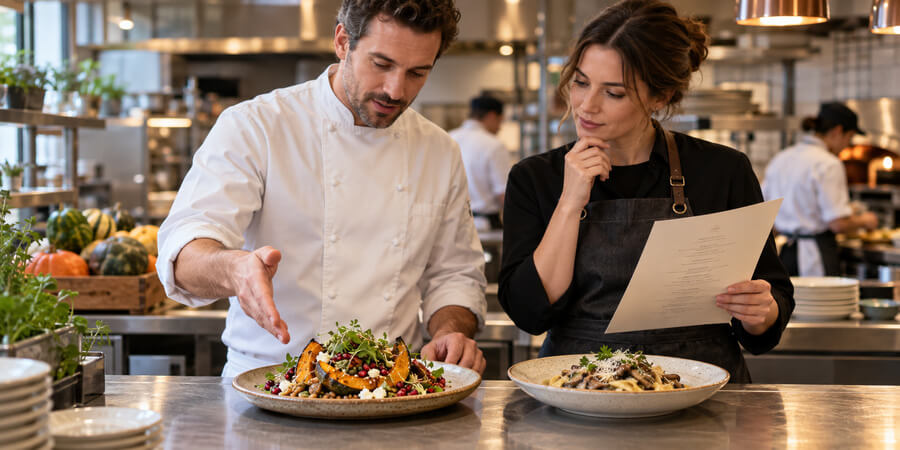 Chef and restaurant manager reviewing seasonal dishes alongside a printed menu.