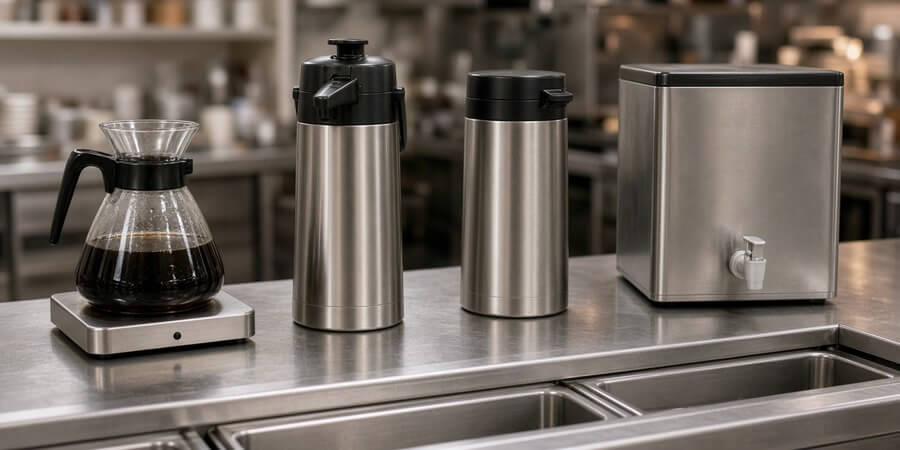 Glass decanter on a warmer, two insulated airpots, a thermal server and a coffee urn on a service line