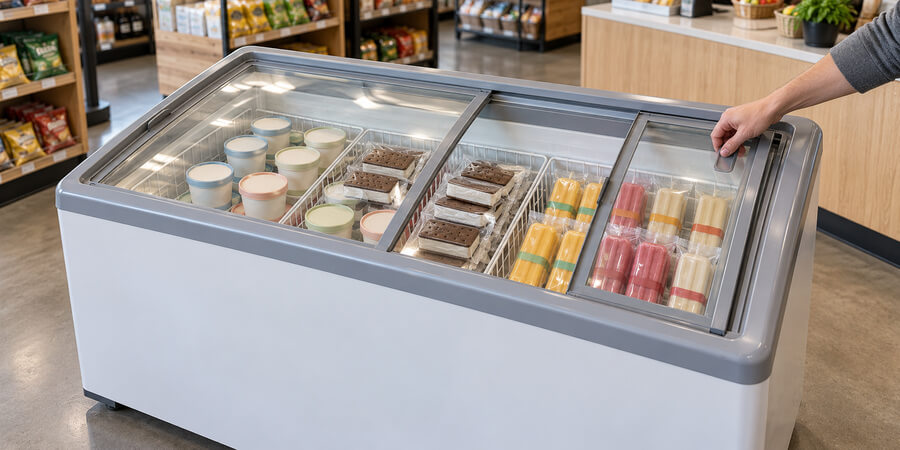 Sliding glass top display freezer with baskets of packaged pints, sandwiches and ice pops in a store