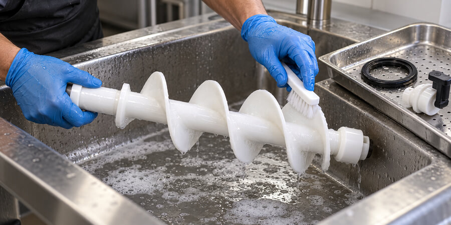 Gloved worker brushes a removed slushy machine auger over a stainless steel sink.