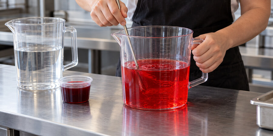 Worker stirring red slushy mix in a clear pitcher beside water and concentrate.