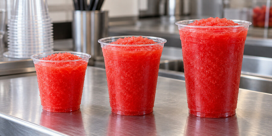Small, medium, and large cups of red slush arranged on a stainless steel beverage counter.