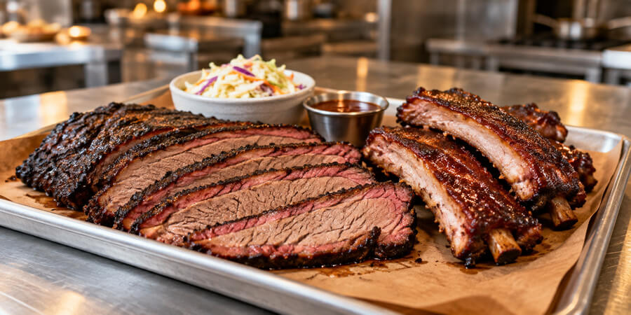 Sliced smoked brisket and pork ribs served with coleslaw and barbecue sauce.