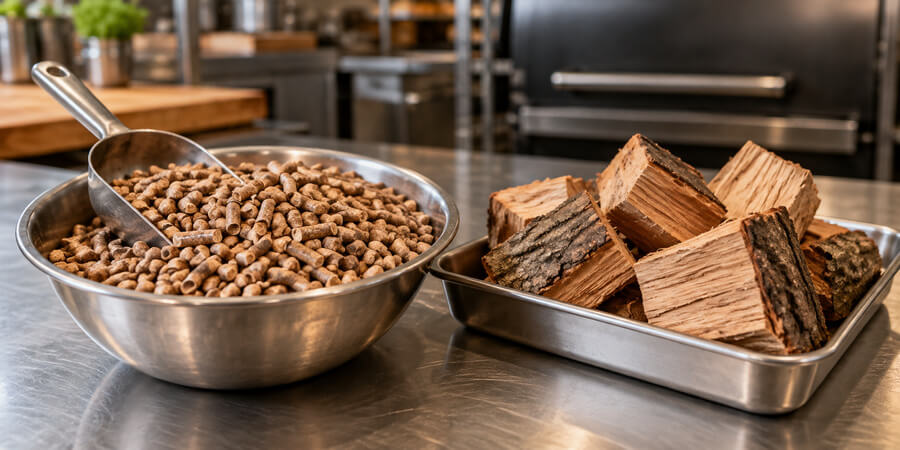 Hardwood smoking pellets and wood chunks in separate metal containers.