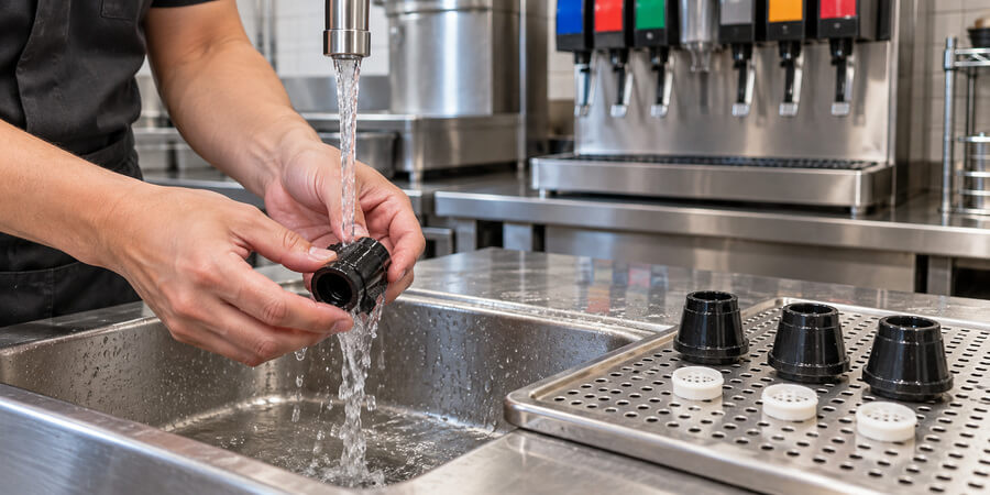 Rinsing a soda fountain nozzle under running water with diffusers drying on a tray