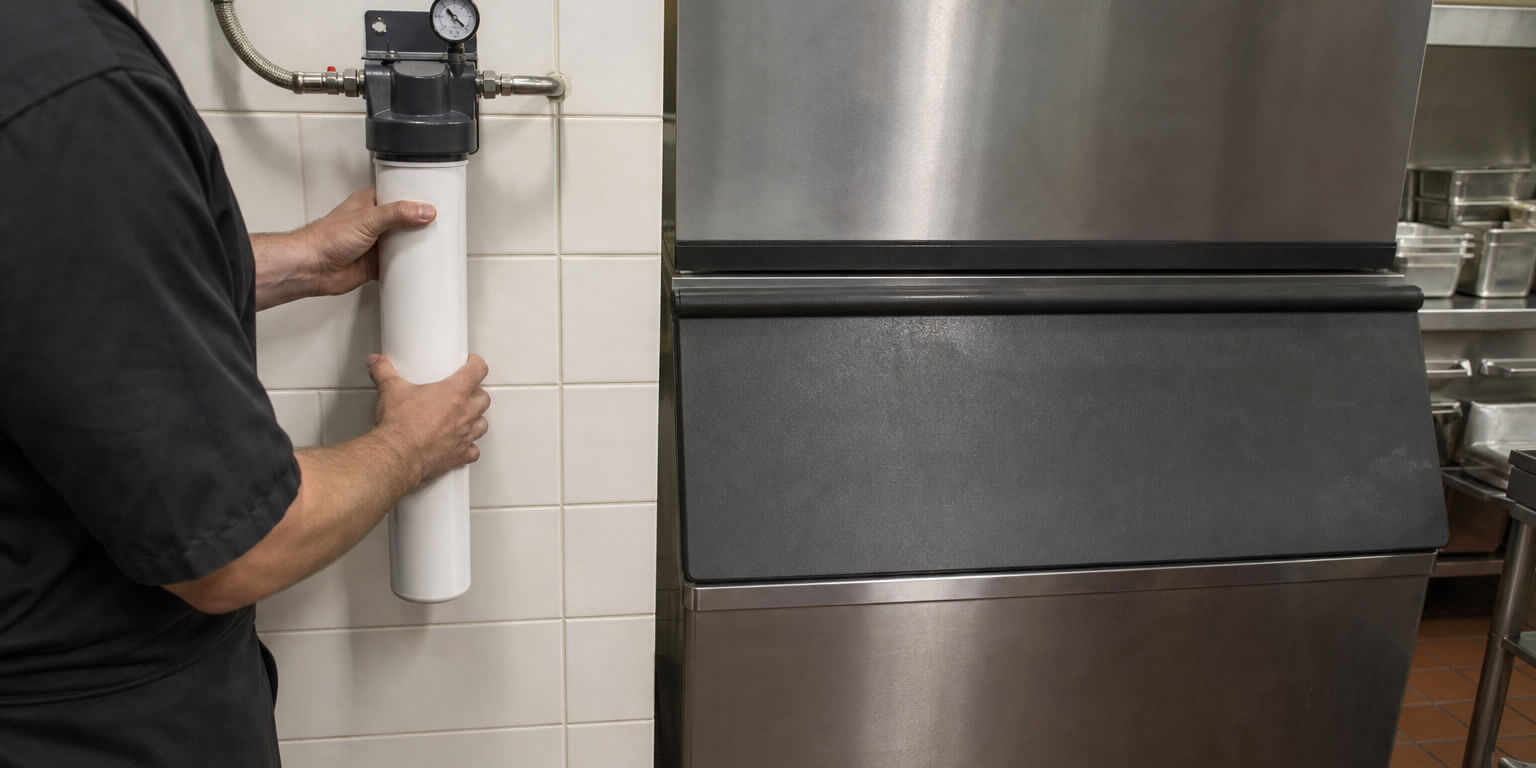 Staff changing a wall-mounted ice machine water filter cartridge next to a commercial ice machine