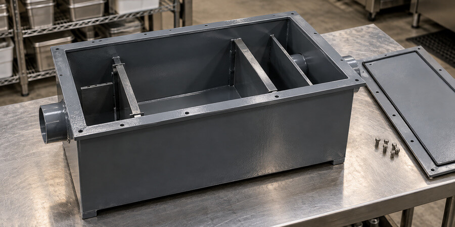 Open gray grease trap showing its baffles, with the bolted cover set aside