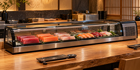 Refrigerated sushi display case showcasing fish and nigiri on a wooden counter in a Japanese restaurant.