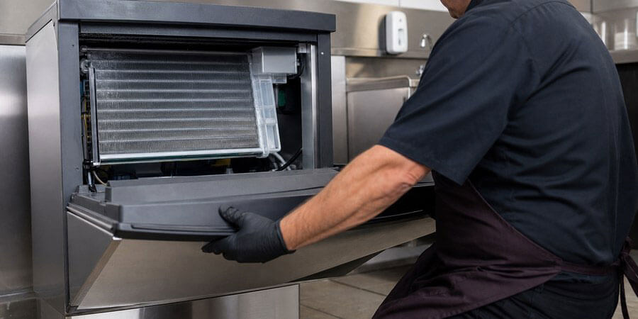 Technician inspecting the inside of a commercial ice machine