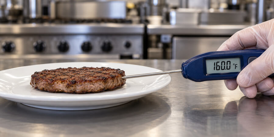 Digital thermometer probe inserted through the side of a grilled burger patty reading 160 degrees