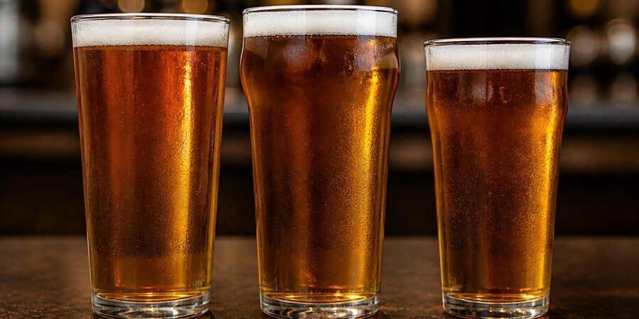 Three pint-style beer glasses of different shapes on a bar