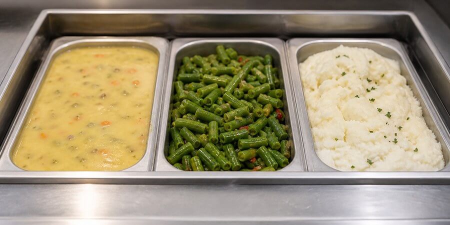 Three third-size hotel pans filling one steam table well