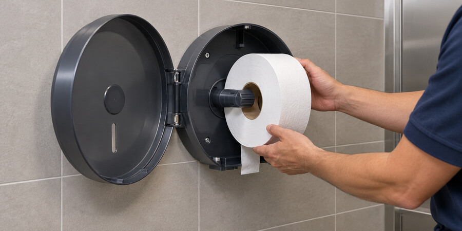 Attendant loading a jumbo toilet paper roll onto the spindle of an open wall-mounted dispenser