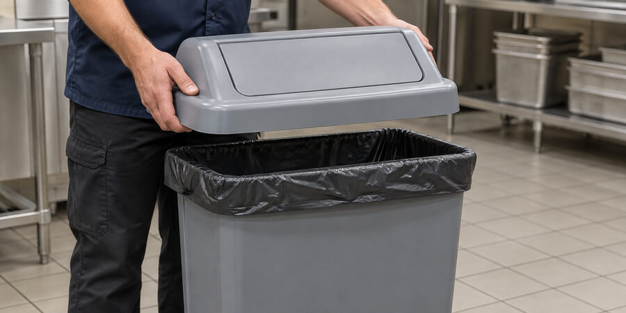 Worker lifting a swing lid off a rectangular trash can lined with a black bag