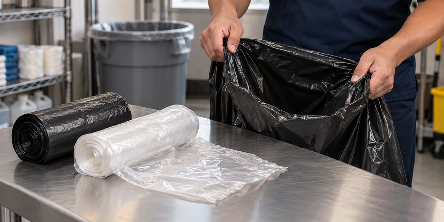 Rolls of black and clear trash liners on a steel table beside an open black bag