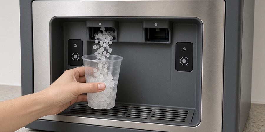 Hand holding a cup under a countertop dispenser chute while nugget ice pours.