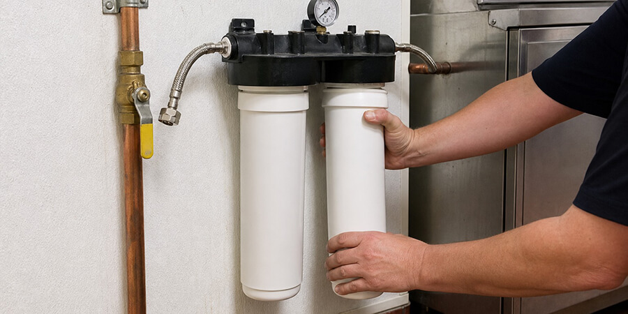 Staff changing a dual-cartridge commercial water filter.