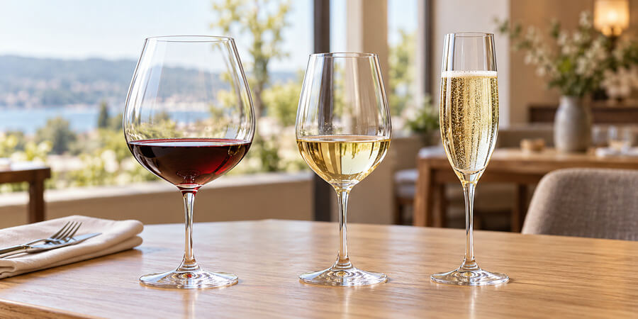 Red wine in a wide balloon glass, white wine in a narrower glass and sparkling wine in a flute on a restaurant table