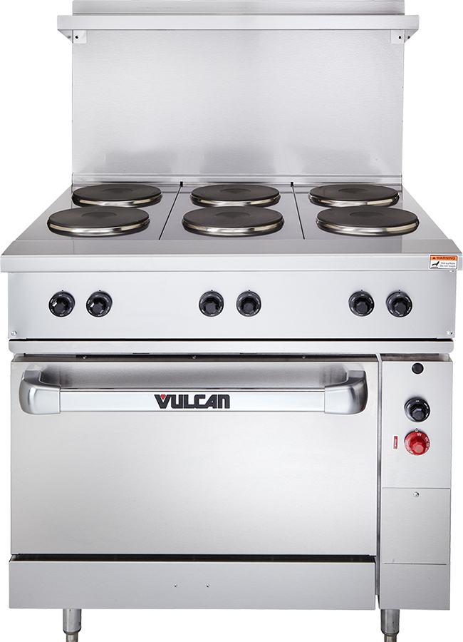 Vulcan EV36S6FP480, 17 kW Electric Restaurant Range, 6 French Plate, Standard Oven